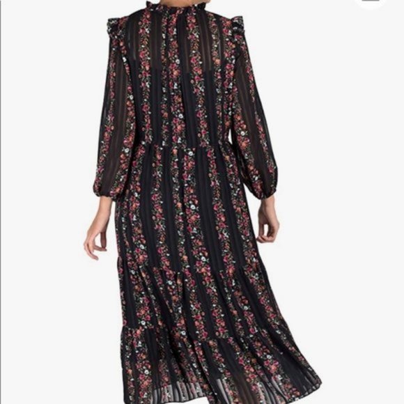 Julia Jordan Dresses | Julia Jordan Black Striped Floral Blouson Billow Long Sleeve Chiffon Dress Nwt 8 | Color: Black/Pink | Size: 8 | Pm-86186882's